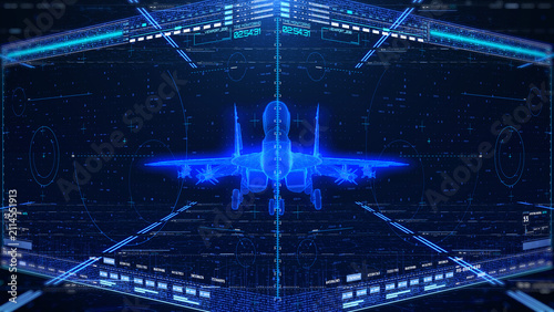 Futuristic AI Technology Displaying Holographic 3D Rendering Wireframe Blueprint of Autonomous Jet Fighter. Aircraft Identification, Radar Scanning Interface, and HUD Missile Analyze Illustration.