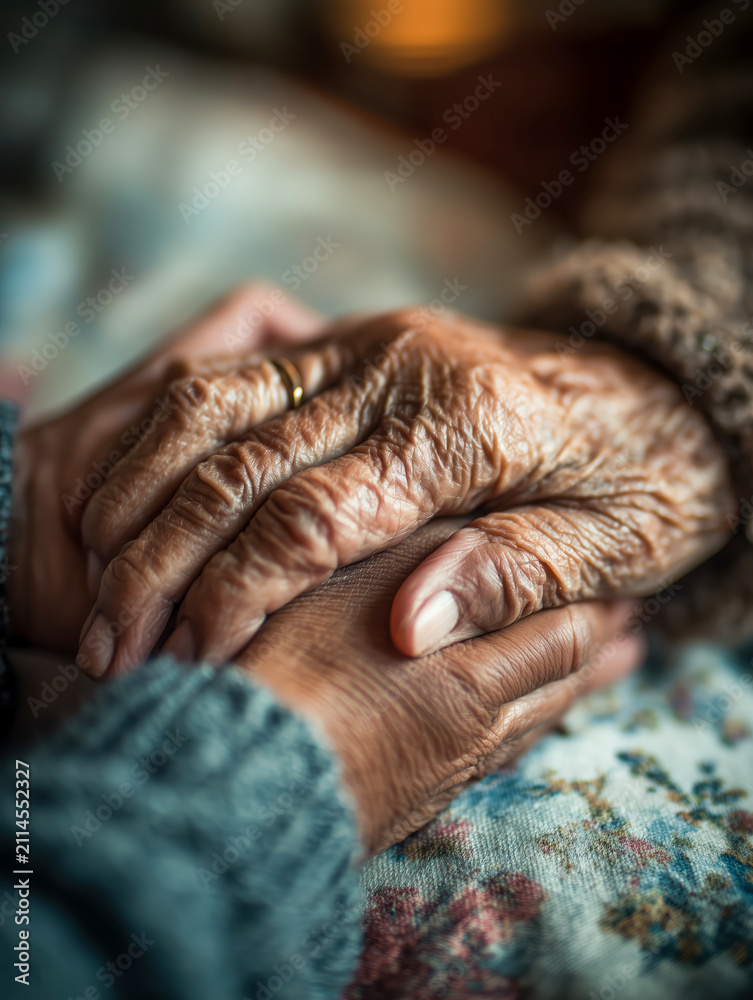 Fototapeta premium Caring hand gently touches elderly person hand, symbolizing compassion and support. image captures warmth and connection between generations, highlighting empathy and care