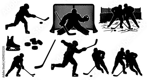 Canvas Print Ice Hockey Silhouettes Collection, Dynamic Player Action, Goalie Defense, Puck S