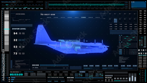 Technology futuristic military jet wireframe on tactical Heads-Up Display interface with data scanning analysis dashboard 3D rendering illustration.