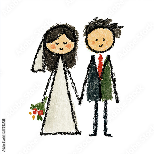 Cute child's crayon drawing of a happy bride and groom holding hands isolated on white background.