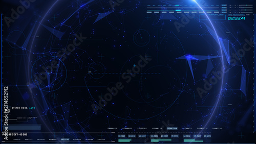 Abstract low poly network connection structure illustration.Technology blue dots, lines mesh flowing in blue cyber space with glow circle ring background.
