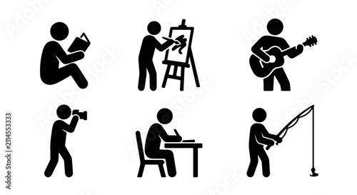 Stick Figure Hobbies Vector Icons: Reading, Painting, Guitar, Photography, Writing, Fishing - Set of 6 Simple Pictograms for Leisure Activities