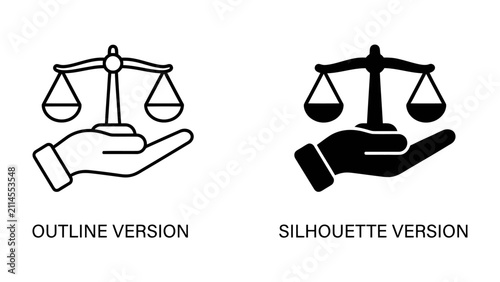 Scales of Justice Held by Hand: Two stylized icons, one an outline and the other a silhouette, depict scales of justice balanced in a cupped hand, symbolizing fairness, equality, and legal principles.