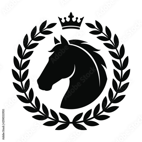 Horse silhouette head inside laurel wreath with crown above