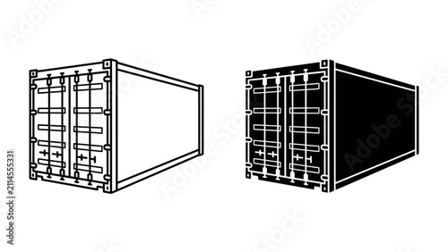 Foto Shipping Container Duo: Two identical shipping containers, one outlined in black and white and the other solid black, stand side-by-side, representing logistics and transport