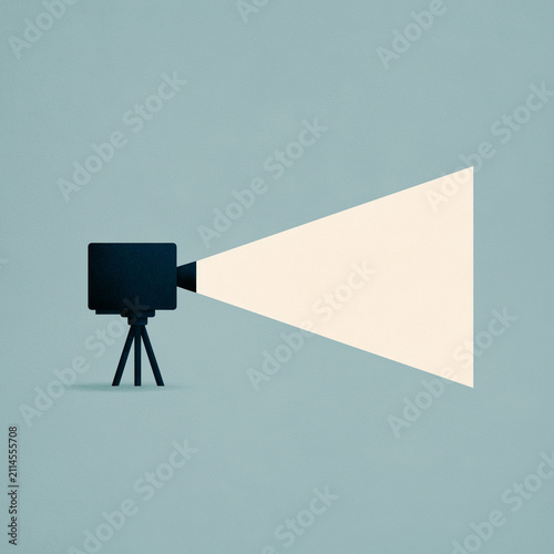 Minimalist editorial illustration of a vintage film projector casting a flowing beam of light, symbolizing storytelling and cinema. Ideal for web, flyer, blog, filmmaking, media, and creative design.