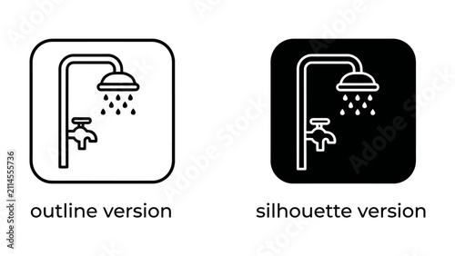 Cuadro en lienzo Shower Icon: Two minimalist shower icons, one outlined and one in silhouette, depict a showerhead with falling water droplets and a faucet, representing hygiene and water