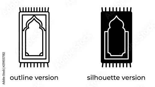 Quadro su tela Islamic Prayer Rug Icons: Two minimalist icons depict an Islamic prayer rug, one as an outline and the other as a solid silhouette, representing devotion and tradition