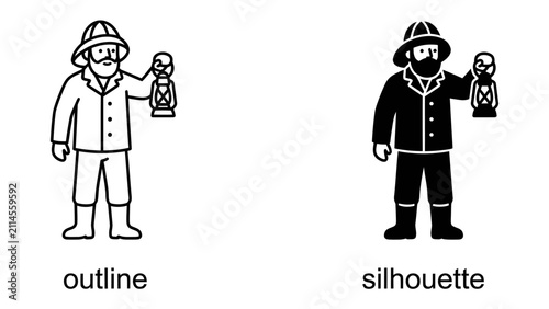 Quadro su tela Lighthouse Keeper Illustration: A stylized depiction of a lighthouse keeper in both outline and silhouette form, holding a lantern, representing guidance and maritime tradition