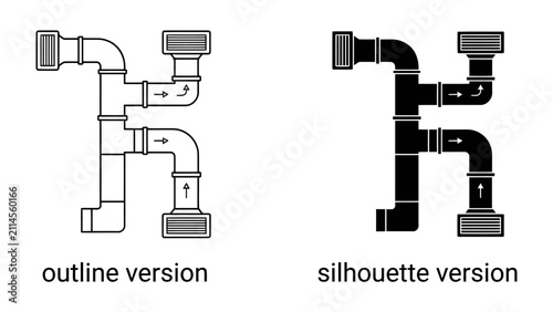 Принти на полотні Pipe Network Diagram: A comparative illustration showcases an outline and silhouette version of a complex pipe network, ideal for technical diagrams and industrial design