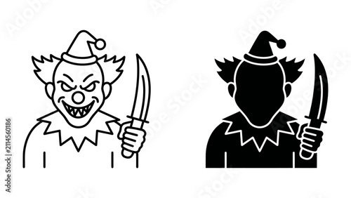 Canvas Print Sinister Clown with Knife: A frightening clown with a menacing grin and wild hair, holding a sharp knife, rendered in both line art and silhouette styles, evoking a sense of dread and horror