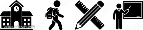 school, education, student, teacher, pencil, ruler, school building, backpack, blackboard, chalkboard, learning, study, teaching, class, classroom, lesson, knowledge, vector, icon, silhouette, set, co