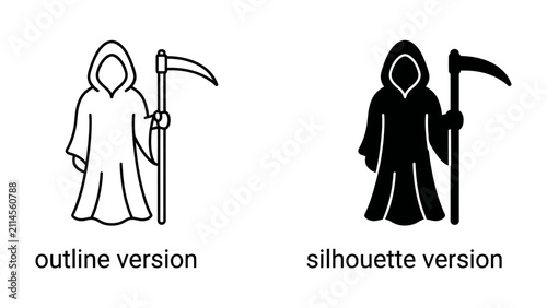 Foto Grim Reaper Icon: A stark representation of the Grim Reaper, depicted in both outline and silhouette, holding a scythe, symbolizing mortality and the inevitable end