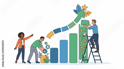 People building a bar chart with an upward trend and growth symbols