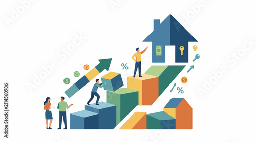 People build success on rising financial graph towards house