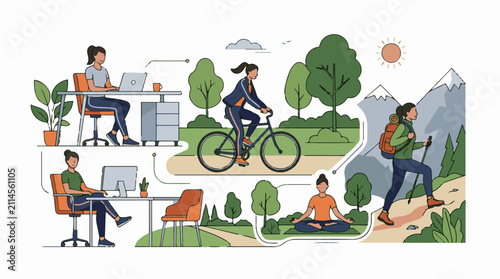 People balancing work exercise and mindfulness in different outdoor and indoor settings