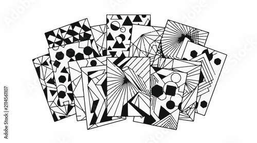 Overlapping abstract geometric patterns in black and white