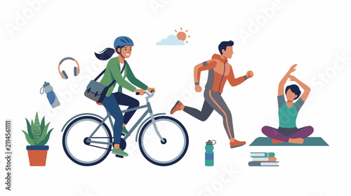 People biking running and meditating outdoors with sun and plants