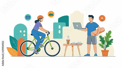 People balancing work fitness and leisure activities in an urban setting