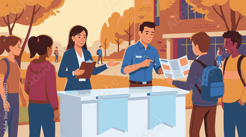 People at informational table with brochures on autumn campus