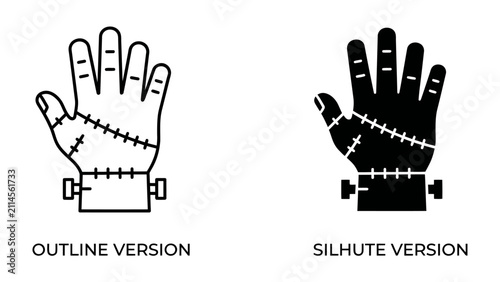 Obraz na płótnie Frankenstein's Hand Icons: A set of graphic icons featuring Frankenstein's hand, presented in both outline and silhouette versions, with stitches and bolts indicating its unnatural creation