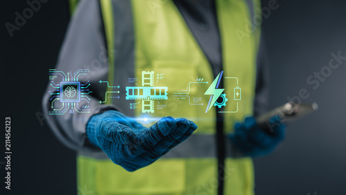 Artificial intelligence hardware architecture concept engineer holding hologram of AI microchip memory allocation and energy power efficiency for machine learning and edge computing optimization