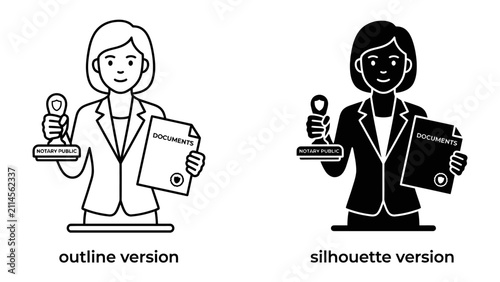 Foto Document Approval Stamp: A professional woman holds a document with an official stamp and a rubber stamp, symbolizing approval and official confirmation, shown in both outline and silhouette styles