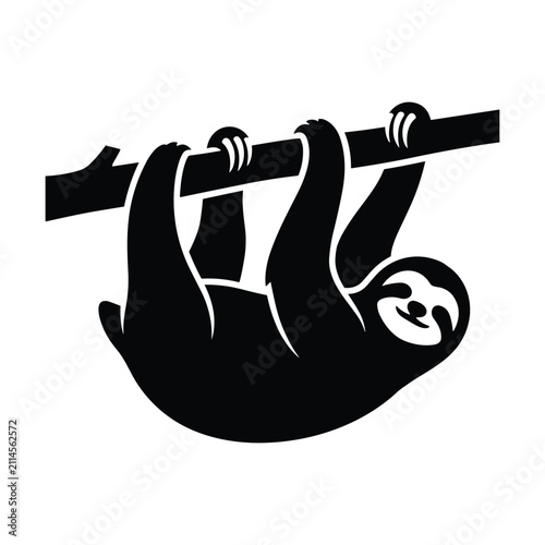Cute black silhouette of three-toed sloth hanging from tree branch isolated on white background for rainforest themed design