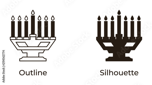 Fotografie Menorah Outline and Silhouette: Two distinct representations of a Menorah, one as a clean outline and the other as a bold silhouette