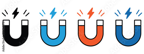 Foto Magnet icons in line, solid and colored styles with magnetic attraction symbols for physics, engineering and technology design