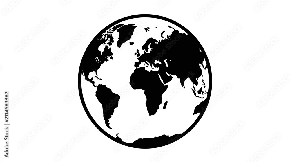 Fototapeta premium Black and White Globe Illustration, World Map Silhouette, Global Concept