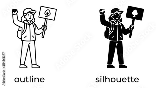 Protester Holding a Sign: Two stylistic depictions, an outline and a silhouette, show a person holding a sign with a tree symbol and raising a fist in a stance of protest or advocacy.