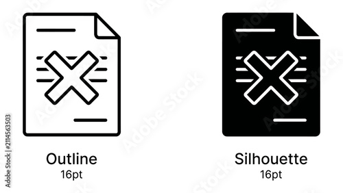 Photography Document with Cross Mark Icon: This graphic resource showcases two styles of icons representing a document with a prominent cross mark, indicating negation or error