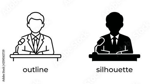 Obraz na płótnie Public Speaker Icon: Two stylized icons depict a person speaking at a podium, one in outline and the other as a silhouette, symbolizing public address and presentation