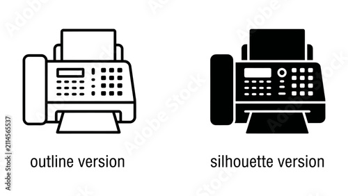 Foto Fax Machine Icon: A clear outline and a solid silhouette illustration of a fax machine, representing communication and technology