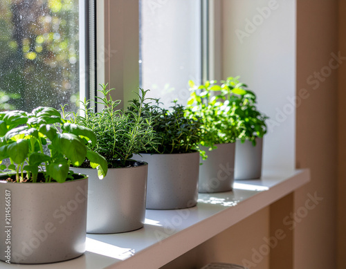 Fresh basil, mint, and rosemary in plain ceramic pots on a bright kitchen counter with natural sunlight and water droplets