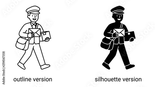 Bild auf Leinwand Postman delivering mail: A friendly postman in uniform walks briskly carrying a mailbag and letters