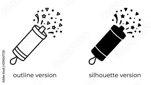 Картината върху платно Confetti Popper Icons: Two clean and simple icon representations of a confetti popper, one in outline and the other as a silhouette, ready to add a festive flair to your designs