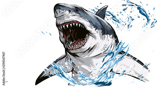 Fotografie Great white shark breaching water with open mouth and sharp teeth