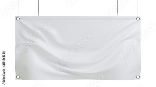 Canvastavla White fabric banner with grommets hanging by wires