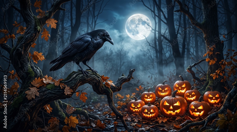 Fototapeta premium A black raven perched on a twisted old tree branch overlooking several glowing Jack-o'-lanterns in a spooky autumn forest under a full moon.