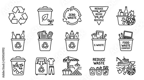 Set of hand drawn doodle icons representing recycling and waste management concepts.