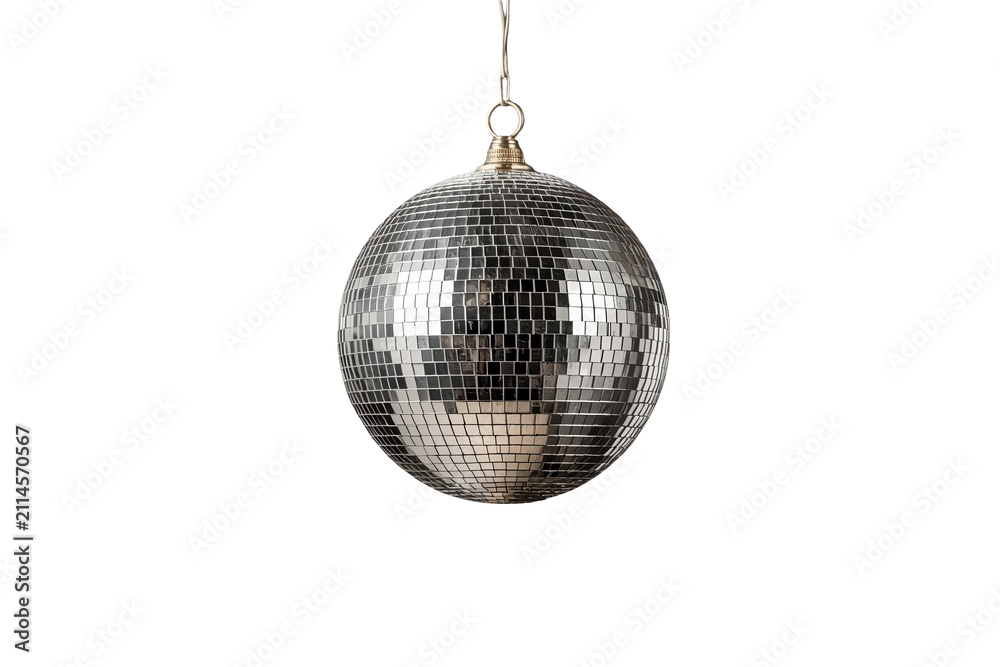 Fototapeta premium Hanging silver mirror disco ball isolated on transparent background