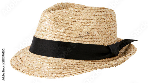 Straw fedora hat with black ribbon band