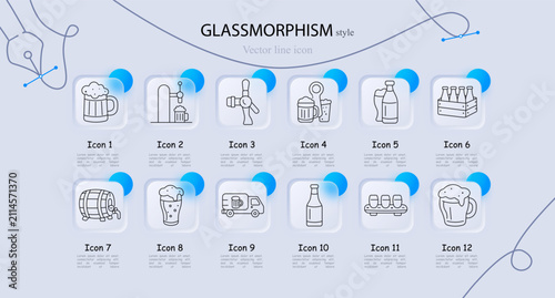 Beer set icon. Mug, tap, bartender, glass, bottle, crate, barrel, pint, truck delivery, drink, alcohol, brewery, pub, foam, beverage, service.