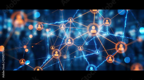 Abstract network connections with glowing human silhouettes representing people and data flow in a futuristic digital communication concept