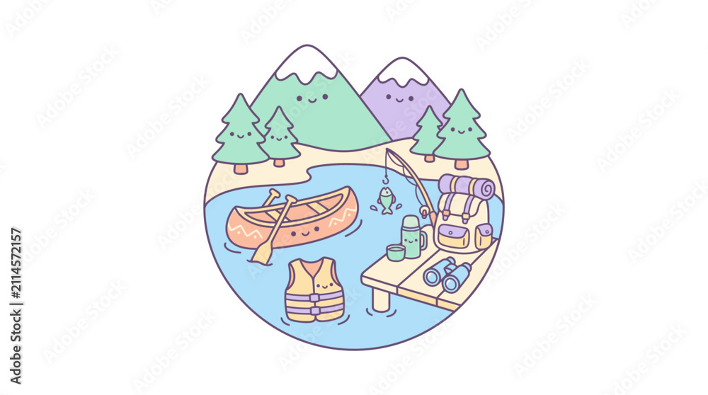 Fototapeta premium Cute Kawaii Lake Fishing Scene Doodle