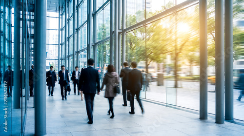 Modern office building interior with blurred motion of business people walking through a bright and airy lobby during a sunny day