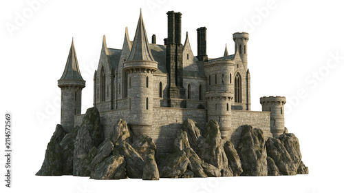 Canvas Print Stone castle with spires and towers on rocky outcrop